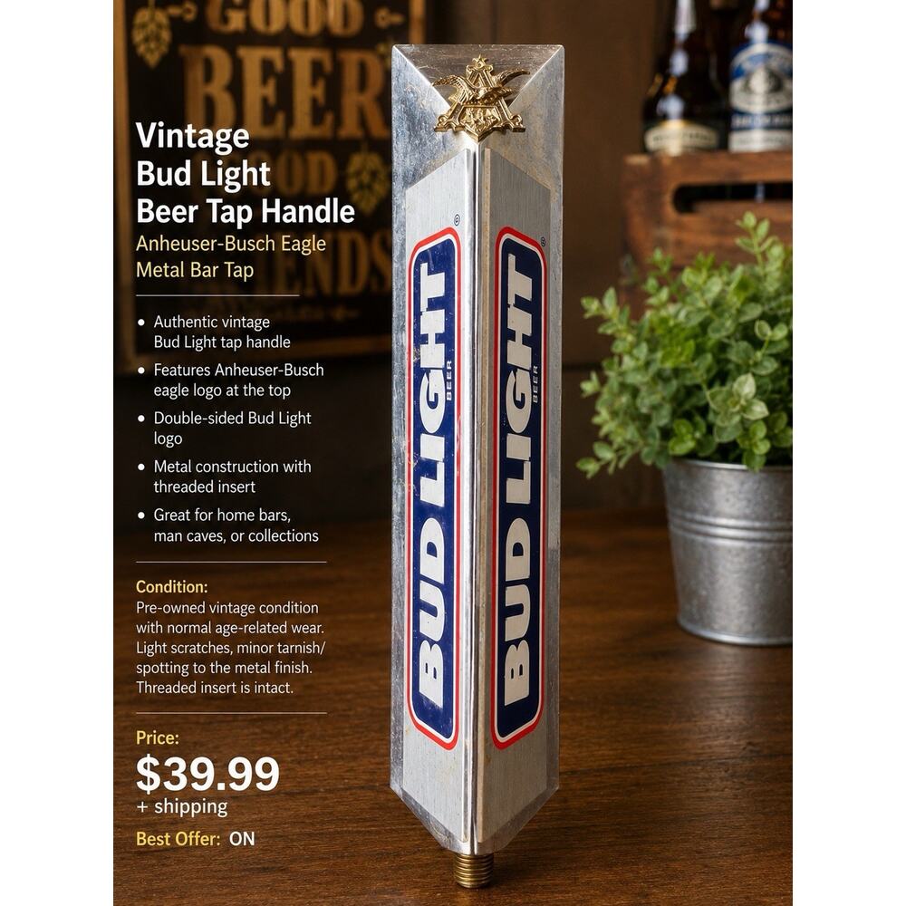 Vintage Bud Light Beer Tap Handle Anheuser-Busch Eagle Metal Bar Tap